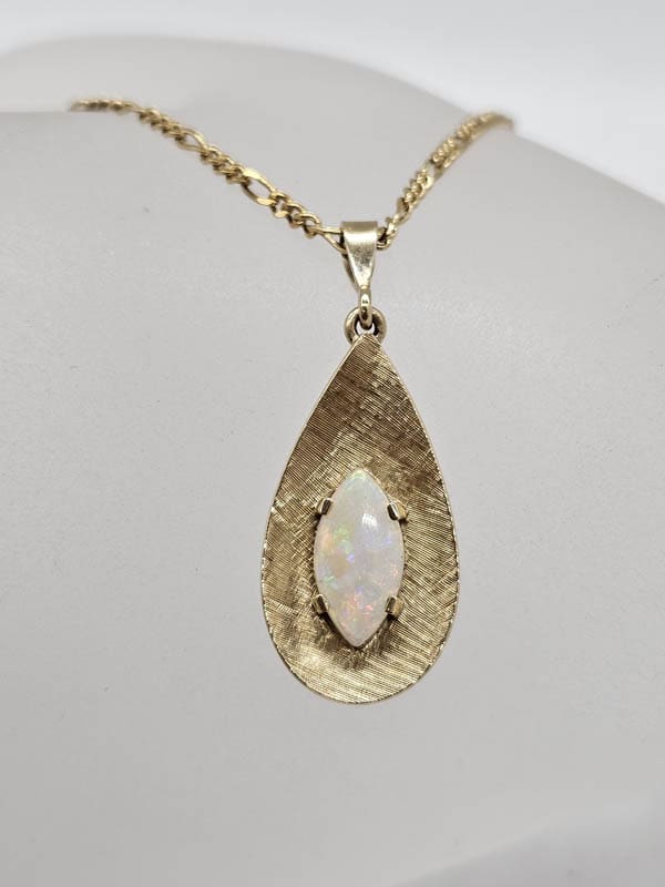9ct Yellow Gold Solid White Opal Marquis Shaped Stone in Teardrop Shape Pendant on Gold Chain - Antique / Vintage