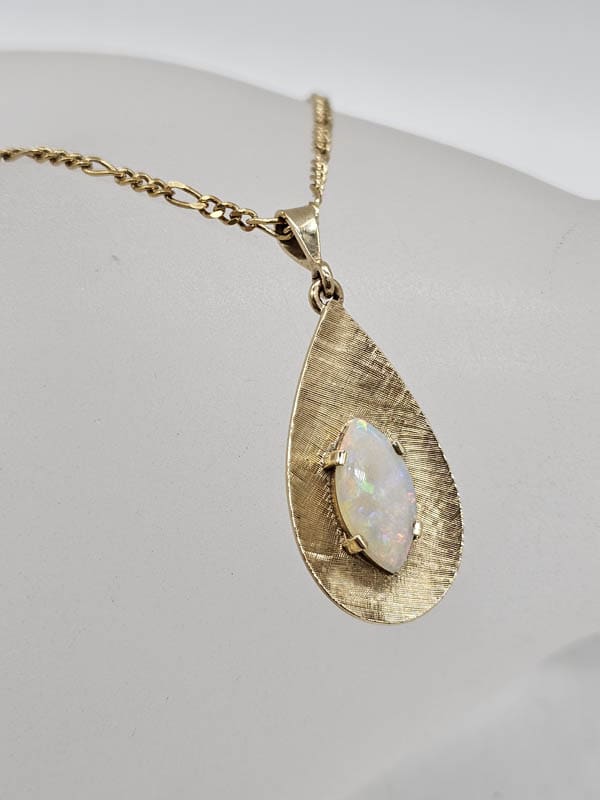 9ct Yellow Gold Solid White Opal Marquis Shaped Stone in Teardrop Shape Pendant on Gold Chain - Antique / Vintage