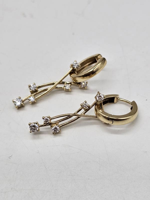 9ct Yellow Gold Cubic Zirconia Twisted Line Hoop Drop Earrings