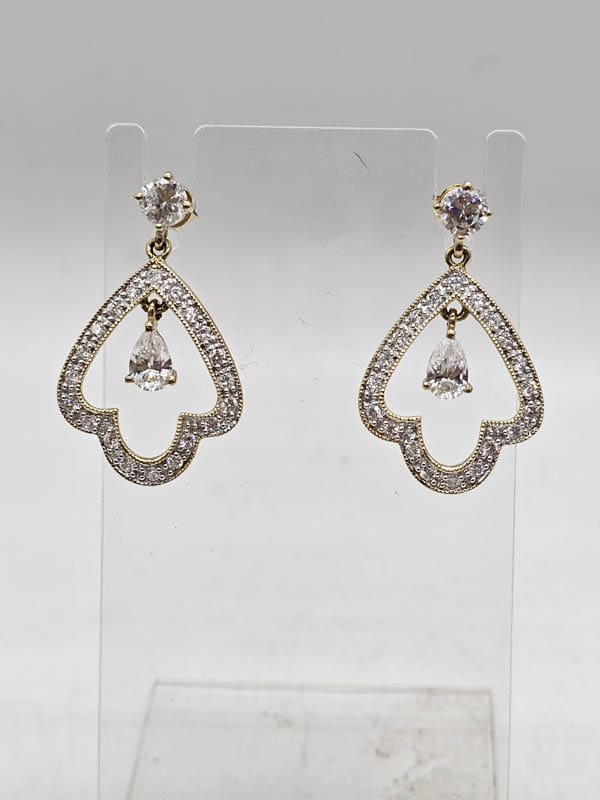9ct Yellow Gold Cubic Zirconia Ornate Design Chandelier Drop Earrings