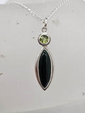 Sterling Silver Peridot and Onyx Elongated Pendant on Silver Chain