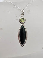 Sterling Silver Peridot and Onyx Elongated Pendant on Silver Chain