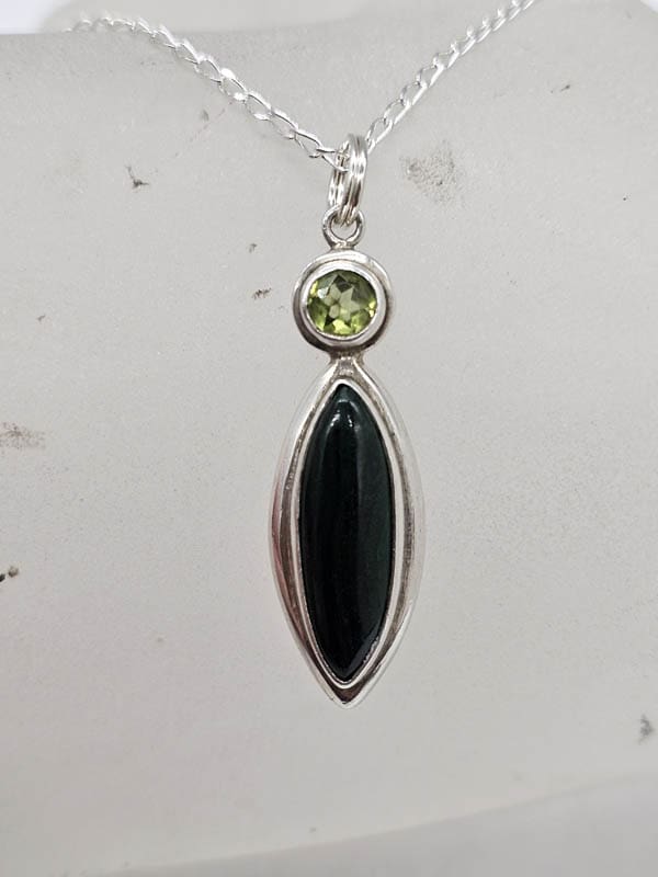 Sterling Silver Peridot and Onyx Elongated Pendant on Silver Chain