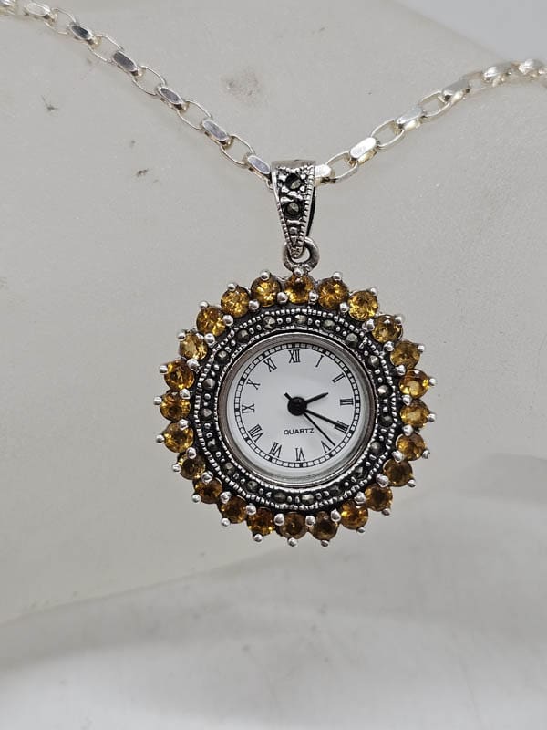 Sterling Silver Citrine and Marcasite Round Watch Pendant on Silver Chain