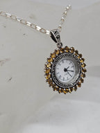 Sterling Silver Citrine and Marcasite Round Watch Pendant on Silver Chain