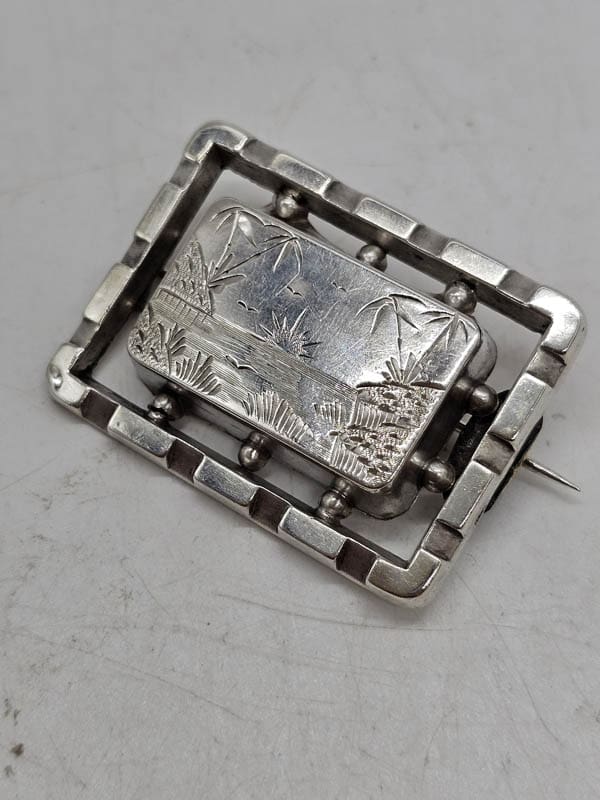 Sterling Silver Ornate Scenery Rectangular Brooch - Antique / Vintage