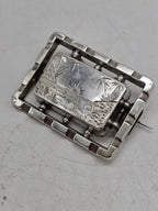 Sterling Silver Ornate Scenery Rectangular Brooch - Antique / Vintage