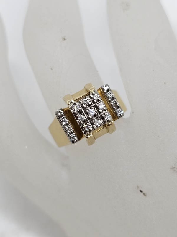 18ct Yellow Gold Diamond Heavy and Unusual High Set Square Cluster Ring - Antique / Vintage