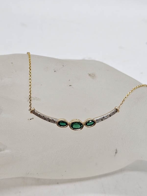 9ct Yellow Gold Oval Bezel Set Created Emerald and Diamond Collier / Necklace / Chain