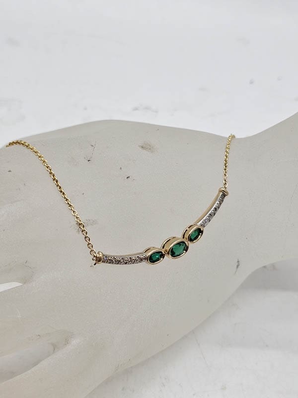 9ct Yellow Gold Oval Bezel Set Created Emerald and Diamond Collier / Necklace / Chain