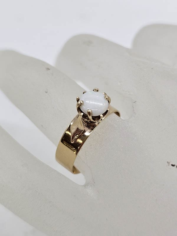 9ct Yellow Gold High Claw Set Round Solid Opal on Wide Band Ring - Antique / Vintage