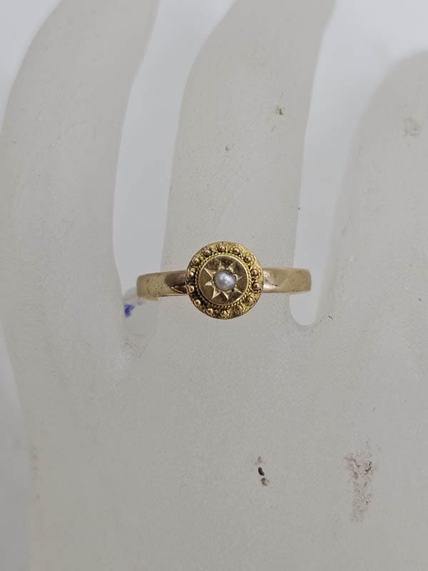 15ct Yellow Gold Seed Pearl Round Ornate Ring - Antique / Vintage