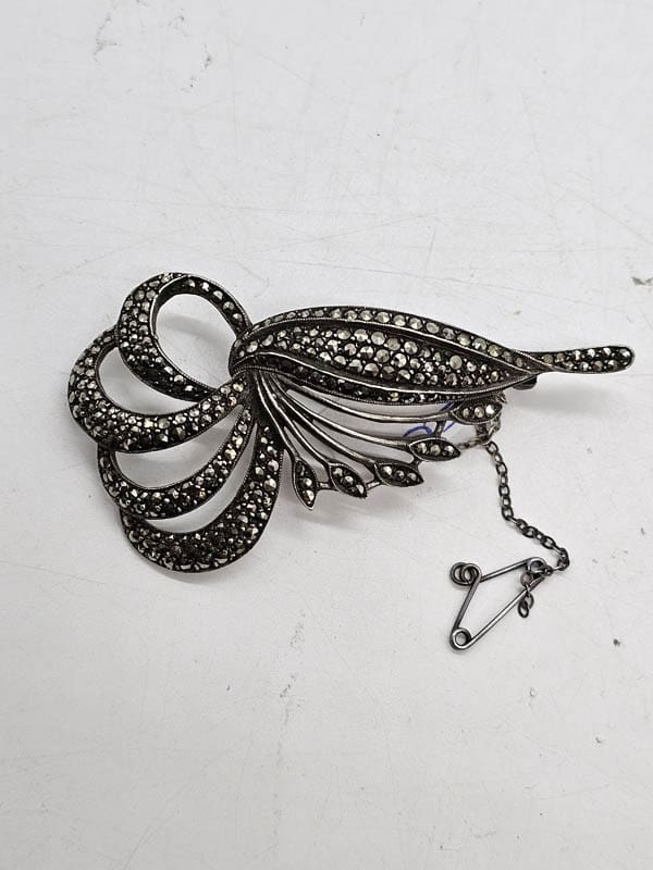 Sterling Silver Marcasite Large Swirls Leaf Brooch - Vintage / Antique