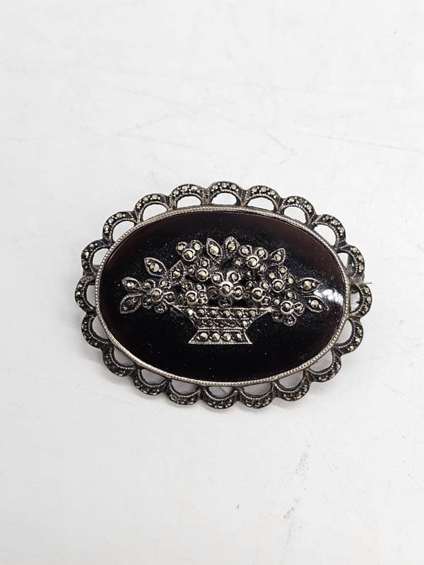 Sterling Silver Marcasite Oval Carnelian Floral Bouquet / Urn Ornate Brooch - Vintage / Antique