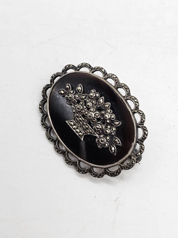 Sterling Silver Marcasite Oval Carnelian Floral Bouquet / Urn Ornate Brooch - Vintage / Antique