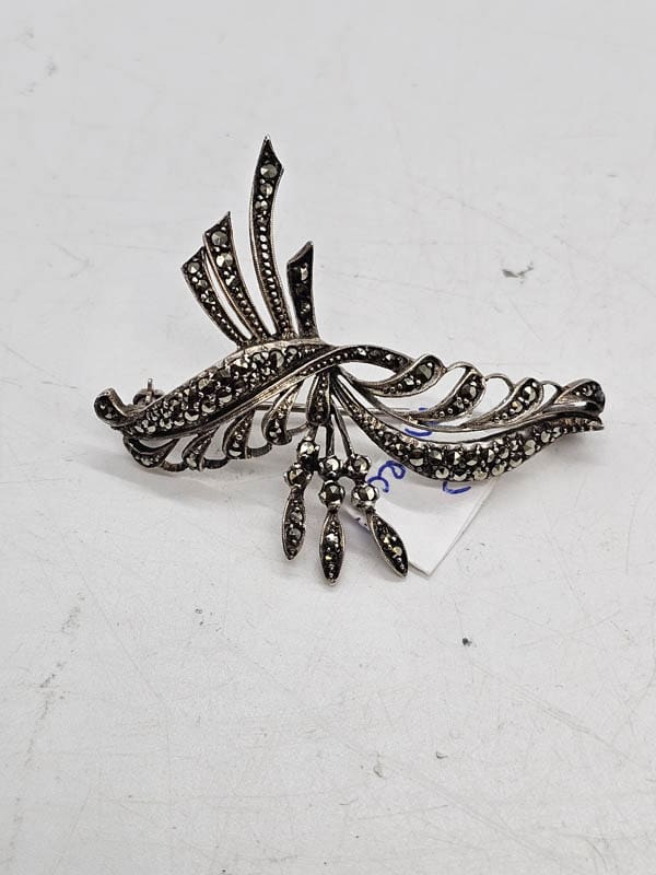 Sterling Silver Marcasite Large Swirls Brooch - Vintage / Antique