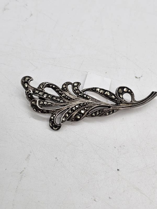 Sterling Silver Marcasite Elongated Brooch - Vintage / Antique