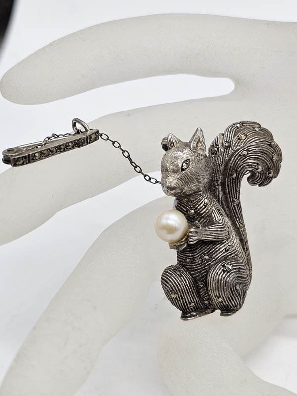 Sterling Silver Marcasite Squirrel with Pearl Brooch - Antique / Vintage