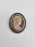 Sterling Silver Ornate Oval Ladies Head Cameo Brooch - Antique / Vintage