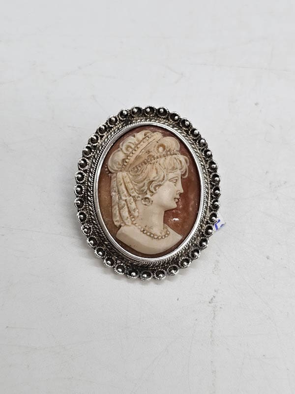 Sterling Silver Ornate Oval Ladies Head Cameo Brooch - Antique / Vintage