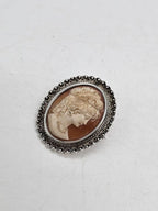Sterling Silver Ornate Oval Ladies Head Cameo Brooch - Antique / Vintage