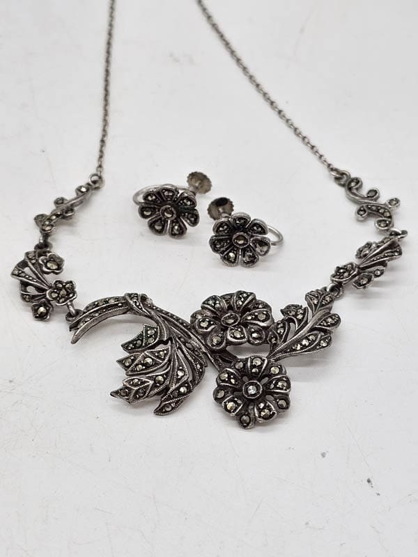 Sterling Silver Marcasite Floral Ornate Flower Design Necklace and Earring Set - Antique / Vintage