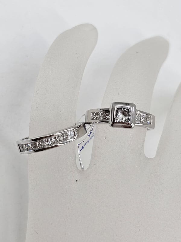 18ct White Gold Diamond Princess Cut Channel Set Square Engagement Ring and Wedding Ring Set