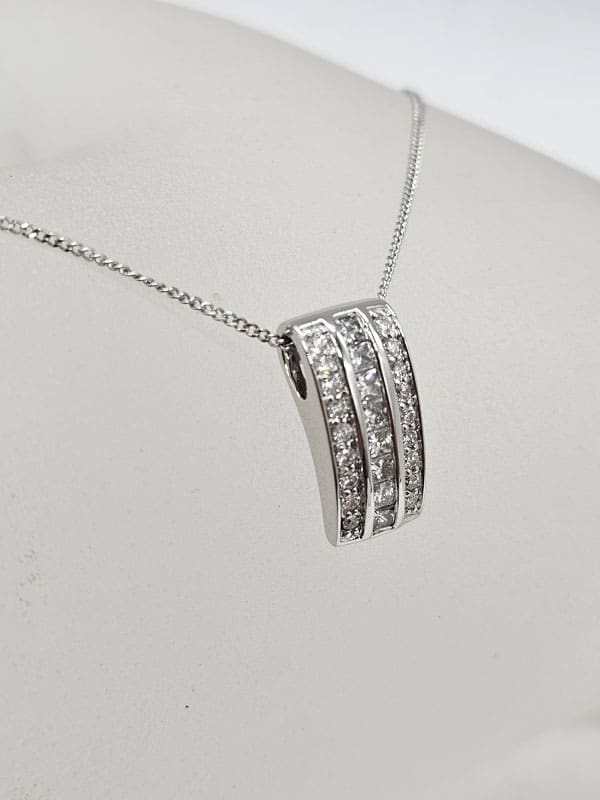 9ct White Gold Diamond Channel Set 3 Row Rectangular Pendant on Gold Chain