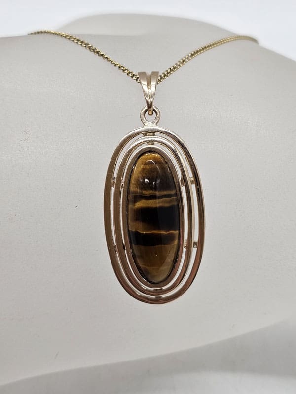 9ct Yellow Gold Large Oval Tiger Eye Open Design Pendant on 9ct Gold Chain - Vintage / Antique