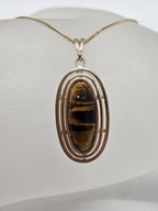 9ct Yellow Gold Large Oval Tiger Eye Open Design Pendant on 9ct Gold Chain - Vintage / Antique