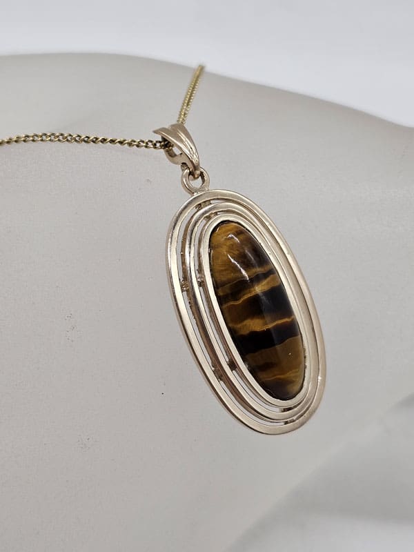9ct Yellow Gold Large Oval Tiger Eye Open Design Pendant on 9ct Gold Chain - Vintage / Antique