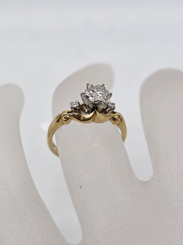 18ct Yellow Gold and White Gold Diamond Solitaire High Set Ornate Engagement Ring / Dress Ring - Antique / Vintage