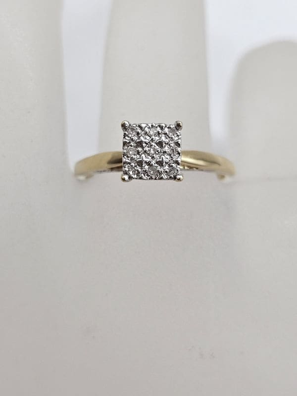 9ct Yellow Gold Diamond Square High Set Cluster Ring - Engagement Ring