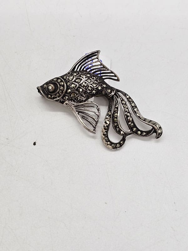 Sterling Silver Marcasite Fish, Koi Fish, Brooch - Vintage / Antique