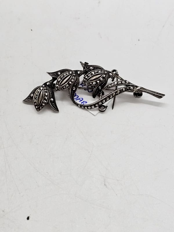 Sterling Silver Marcasite Three Tulips Flowers Brooch - Vintage / Antique