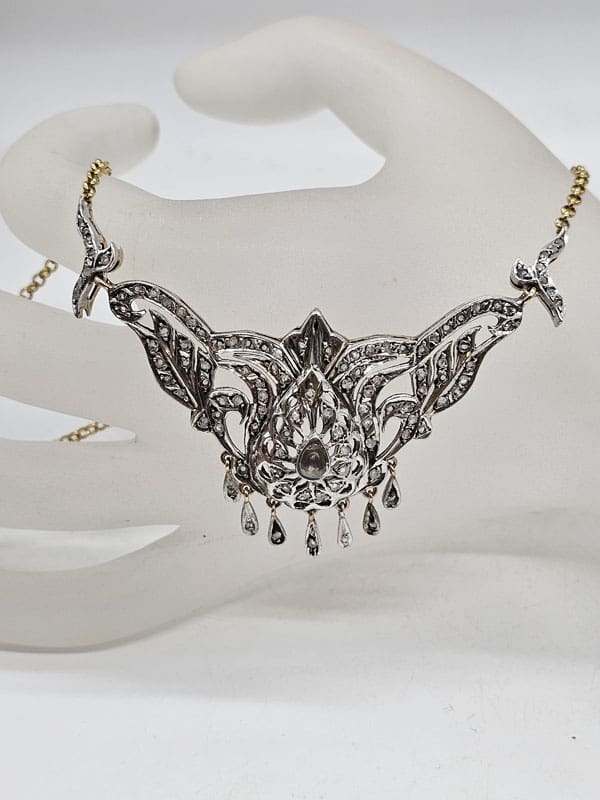 9ct Yellow Gold and White Gold Rose Cut Diamonds Ornate Necklace Chain / Lavalier - Vintage / Antique