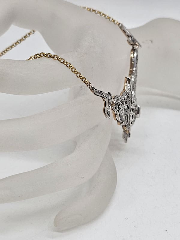 9ct Yellow Gold and White Gold Rose Cut Diamonds Ornate Necklace Chain / Lavalier - Vintage / Antique