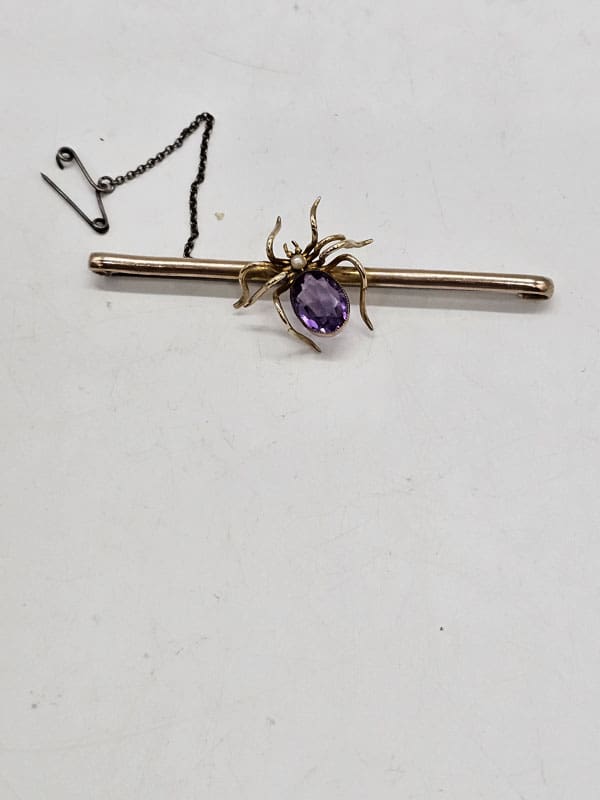 9ct Yellow Gold Amethyst and Seed Pearl Spider Brooch - Antique / Vintage