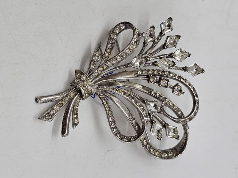 Sterling Silver Cubic Zirconia Exquisite Large Floral Spray Brooch - Antique / Vintage