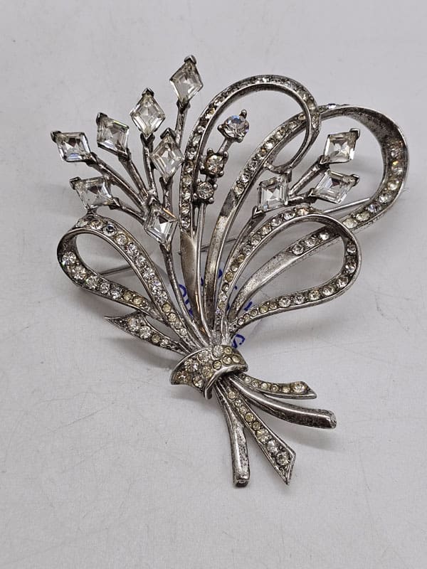 Sterling Silver Cubic Zirconia Exquisite Large Floral Spray Brooch - Antique / Vintage