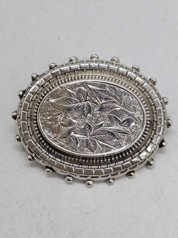 Sterling Silver Ornate Floral Motif Oval Brooch - Hallmarked -Antique / Vintage