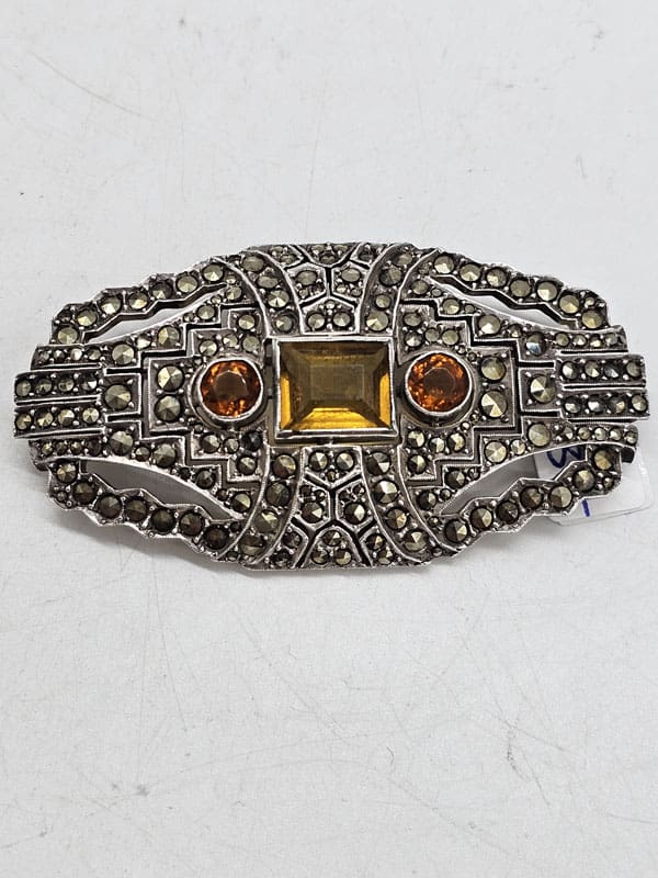 Sterling Silver Marcasite & Yellow Very Large and Stunning Ornate Wide Brooch - Antique / Vintage