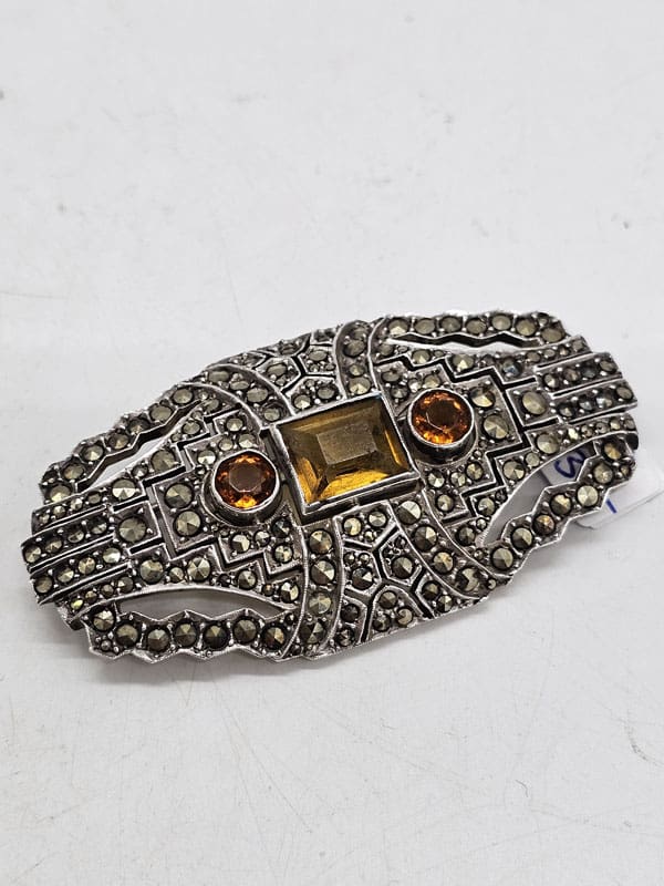 Sterling Silver Marcasite & Yellow Very Large and Stunning Ornate Wide Brooch - Antique / Vintage