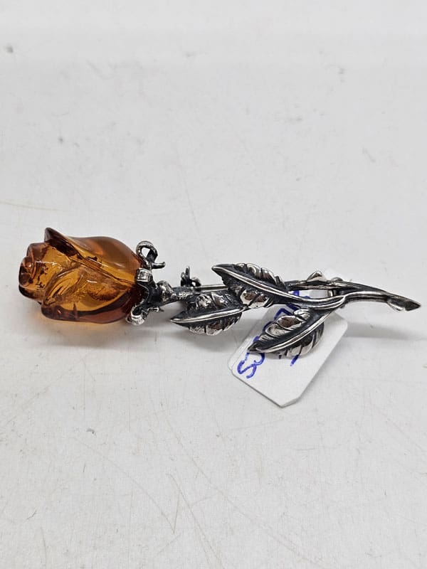 Sterling Silver Natural Baltic Amber Carved Rose Flower Brooch
