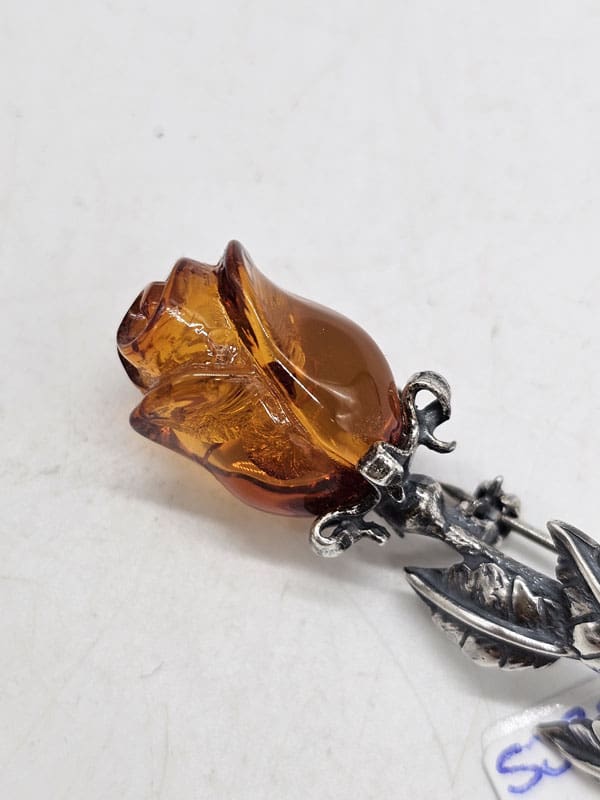 Sterling Silver Natural Baltic Amber Carved Rose Flower Brooch