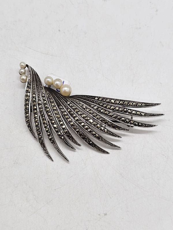 Sterling Silver Marcasite & Pearl Very Large and Stunning Spray Brooch - Leaf / Feather - Antique / Vintage