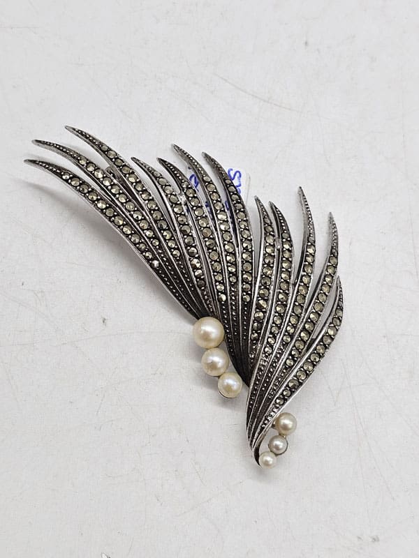 Sterling Silver Marcasite & Pearl Very Large and Stunning Spray Brooch - Leaf / Feather - Antique / Vintage