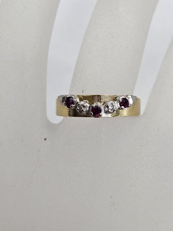18ct Yellow Gold Natural Ruby and Diamond Half Round Eternity Ring / Wedding Ring - Antique / Vintage