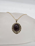 9ct Yellow Gold Garnet Large Oval Cabochon Cut Ornate Pendant on Gold Chain - Antique / Vintage