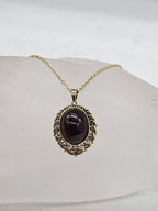 9ct Yellow Gold Garnet Large Oval Cabochon Cut Ornate Pendant on Gold Chain - Antique / Vintage